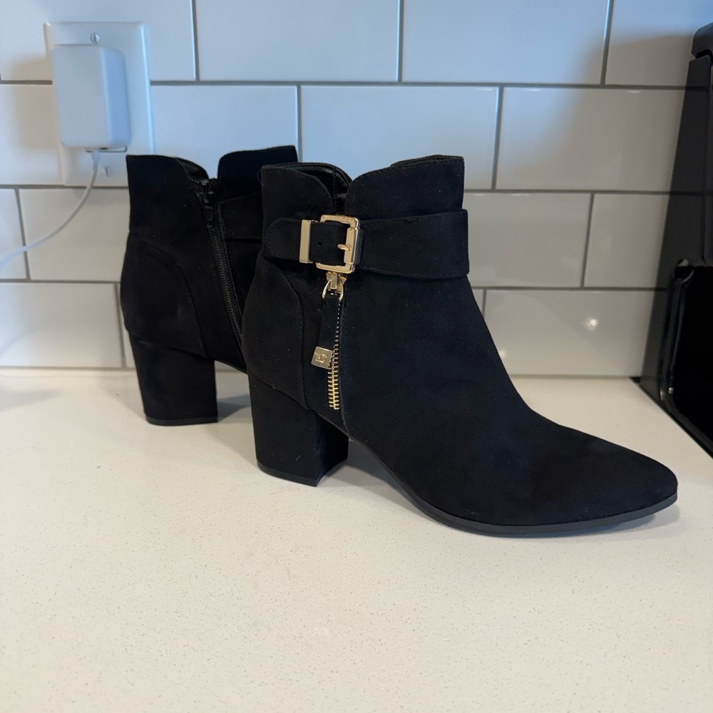 Liz Claiborne Black Ankle Boots with Gold Buckle